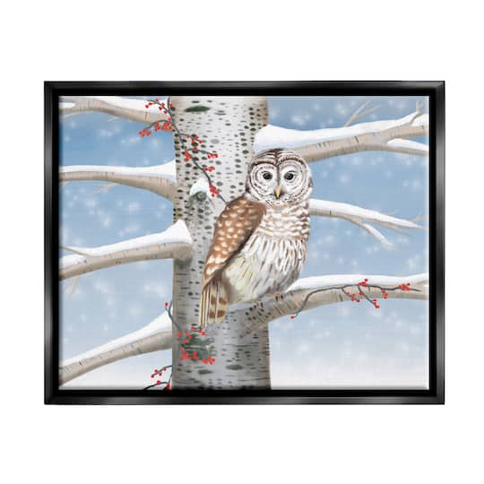 Stupell Industries Snowy Birch Tree Owl Framed Floater Canvas Wall Art